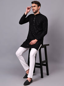 VORA LABEL Men Rayon Schiffli Chikankari Floral Printed Long Kurta Set - Pista