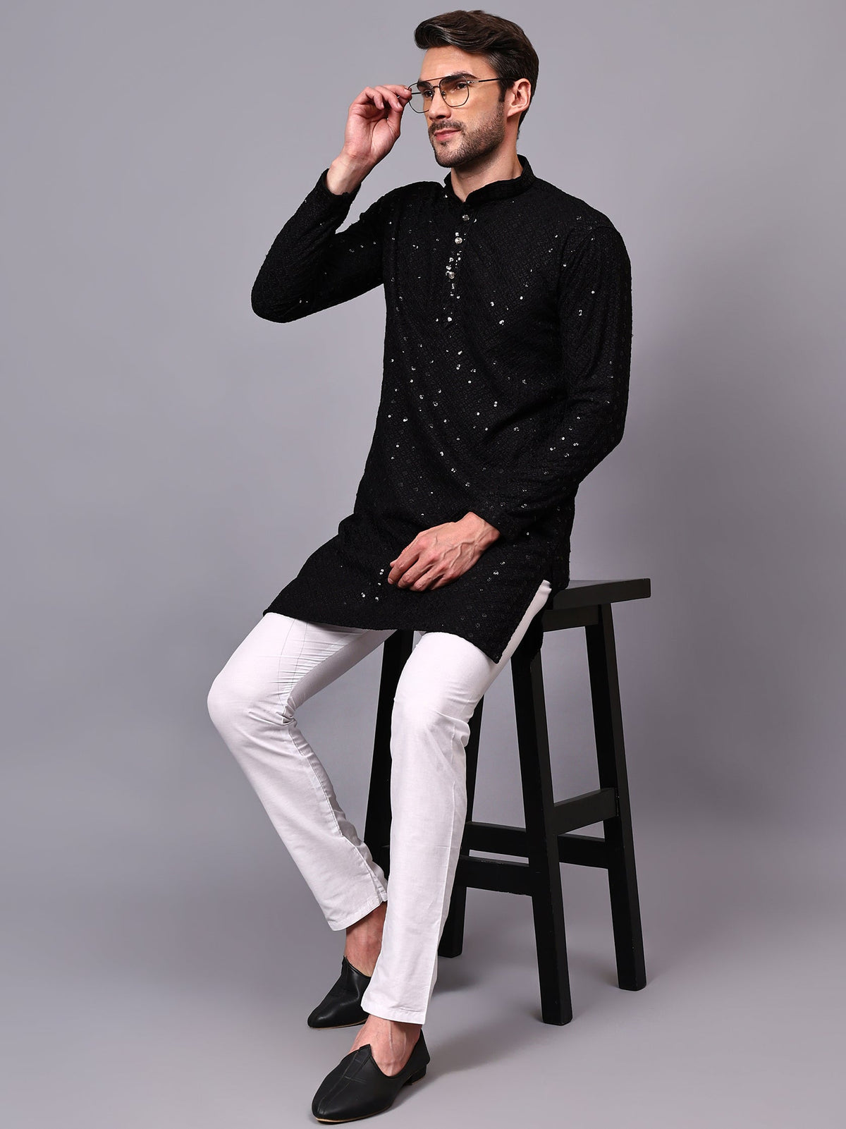 VORA LABEL Men Rayon Schiffli Chikankari Floral Printed Long Kurta Set - Pista
