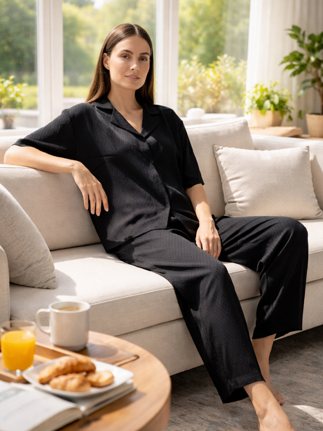VORA LABEL Women Linen Solid Relaxed Fit Wide-Leg Co-ord Set - Black Main image