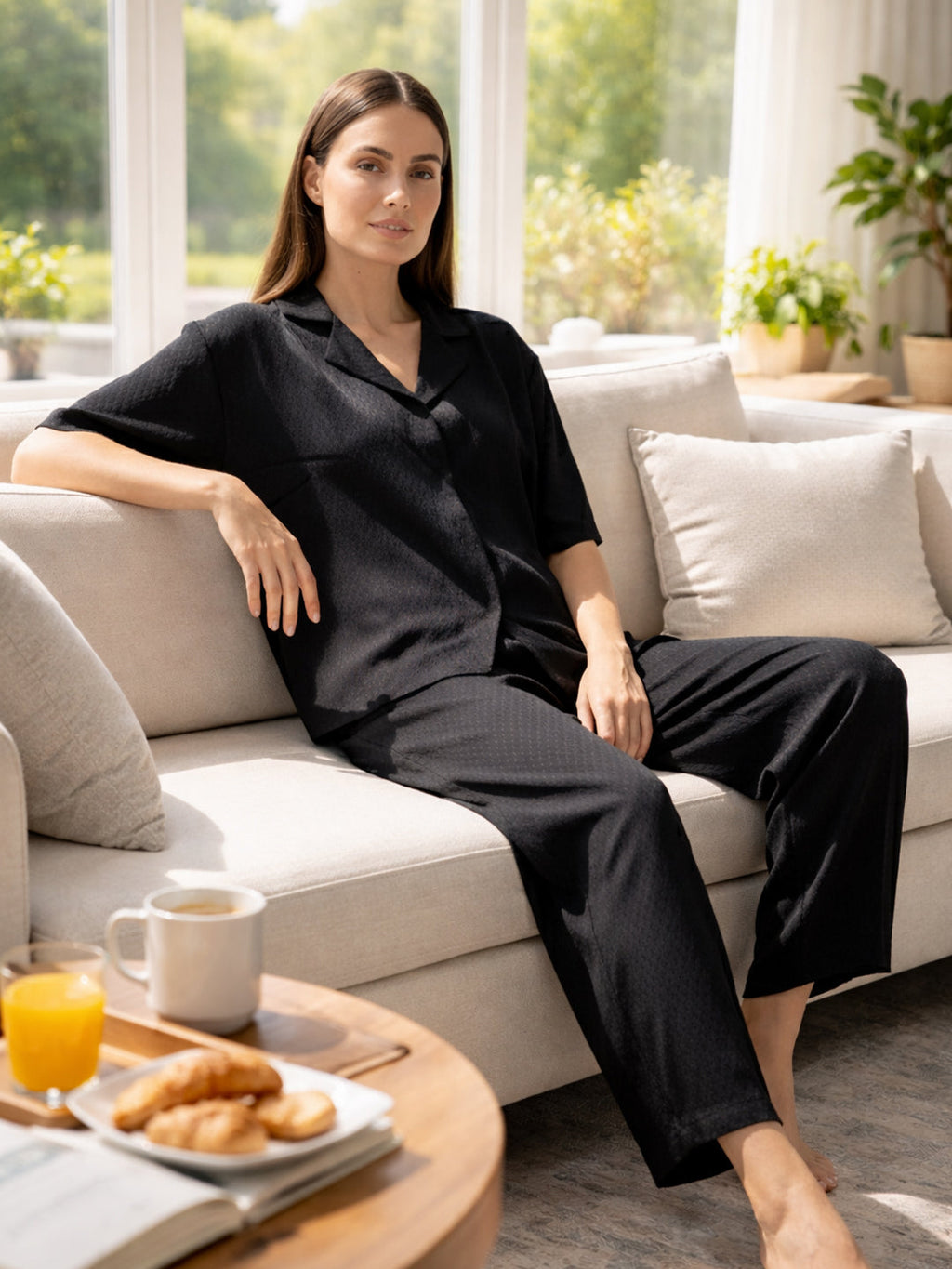 VORA LABEL Women Linen Solid Relaxed Fit Wide-Leg Co-ord Set - Black