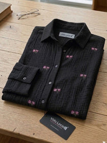 VORA LABEL Women Denim Floral Printed Embroidered Shirt - Black