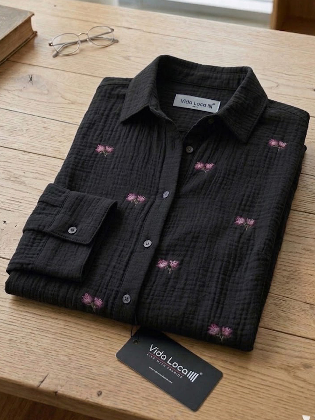 VORA LABEL Women Denim Floral Printed Embroidered Shirt - Black