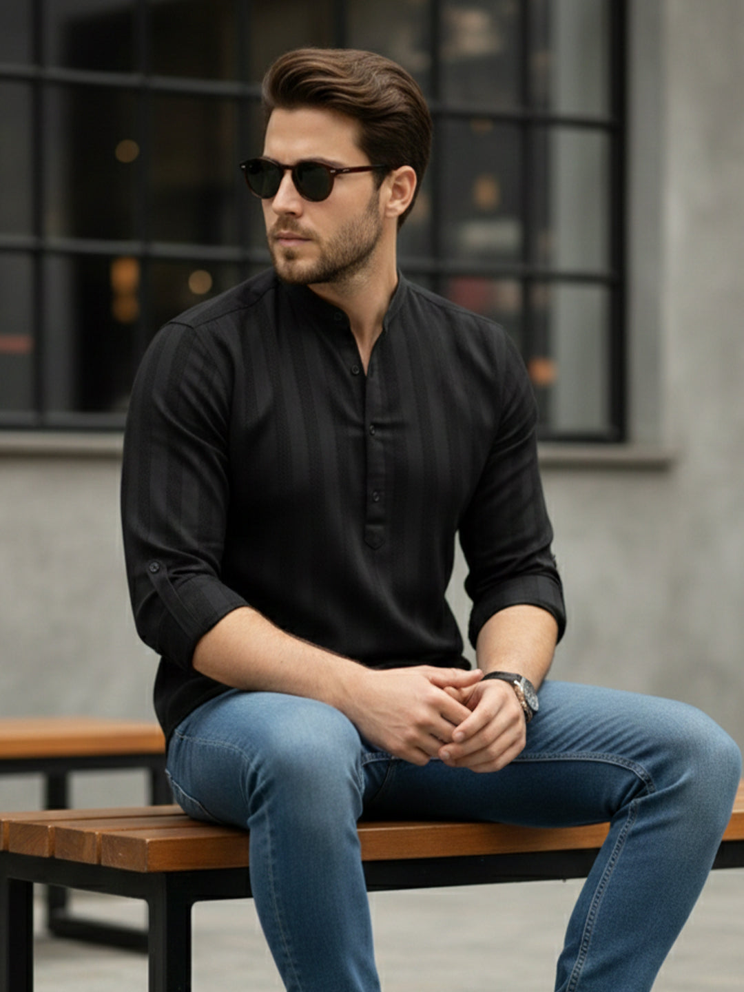 VORA LABEL Men Cotton Striped Relaxed Fit Short Kurta - Black Main image