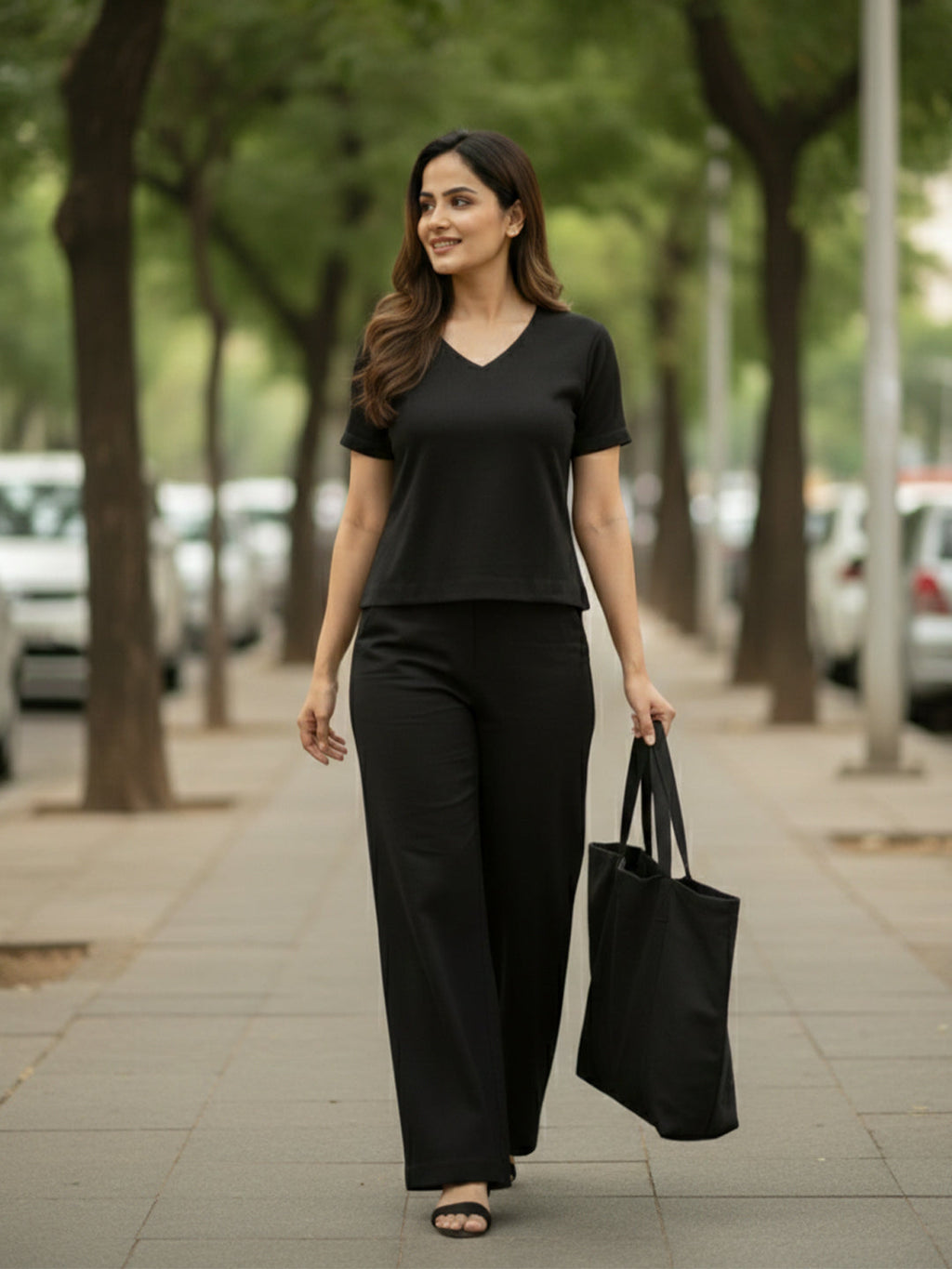 VORA LABEL Women Linen Solid Relaxed Fit Co-ord Set - Black