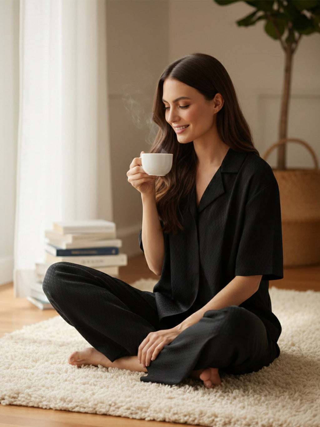 VORA LABEL Women Linen Solid Relaxed Fit Wide-Leg Co-ord Set - Black