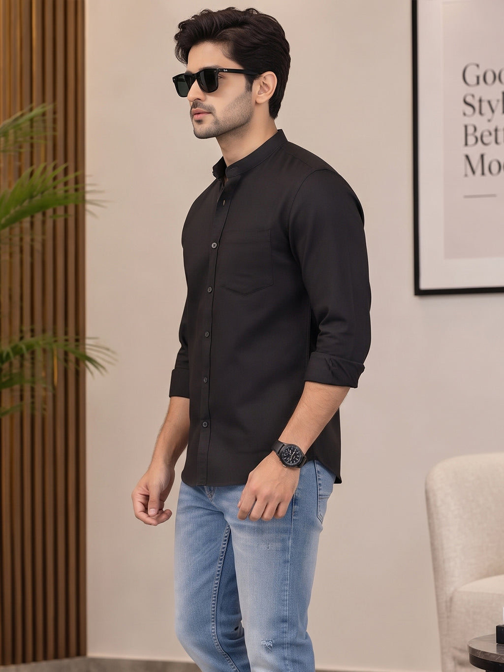 VORA LABEL Men’s Cotton Blend Mandarin Collar Shirt | Full Sleeve Solid Casual & Smart Wear