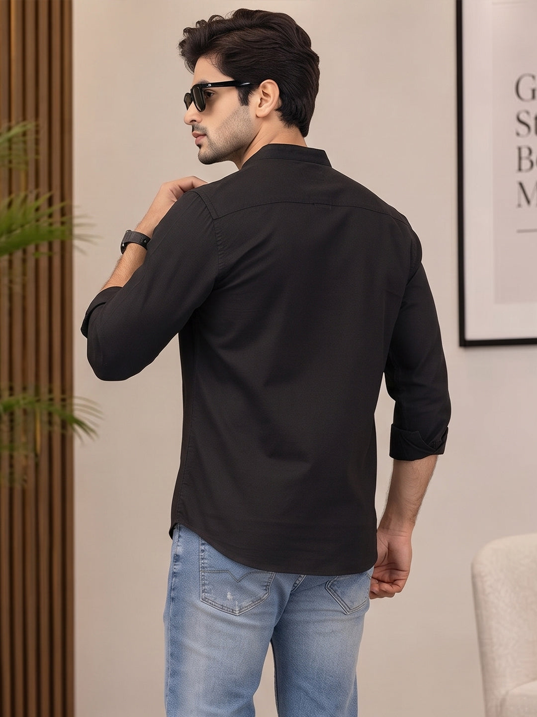 VORA LABEL Men’s Cotton Blend Mandarin Collar Shirt | Full Sleeve Solid Casual & Smart Wear