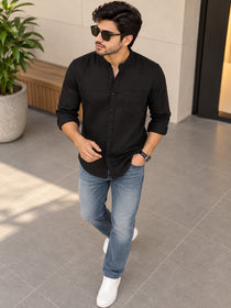 VORA LABEL Men’s Cotton Blend Mandarin Collar Shirt | Full Sleeve Solid Casual & Smart Wear