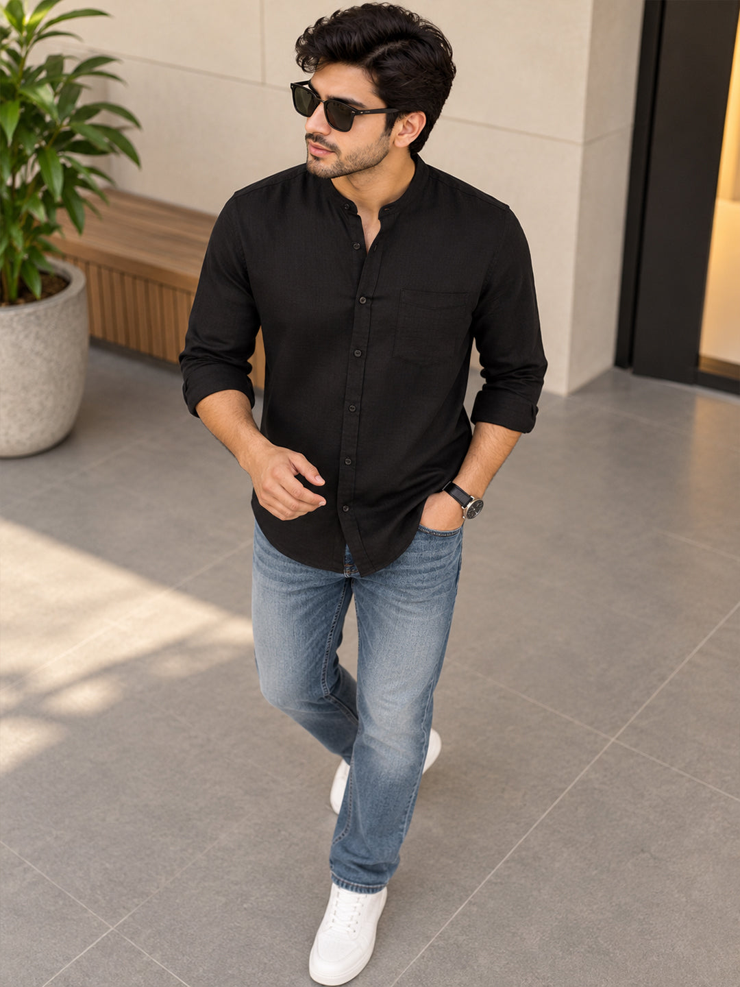 VORA LABEL Men’s Cotton Blend Mandarin Collar Shirt | Full Sleeve Solid Casual & Smart Wear