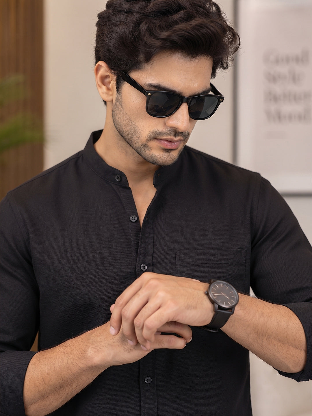 VORA LABEL Men’s Cotton Blend Mandarin Collar Shirt | Full Sleeve Solid Casual & Smart Wear