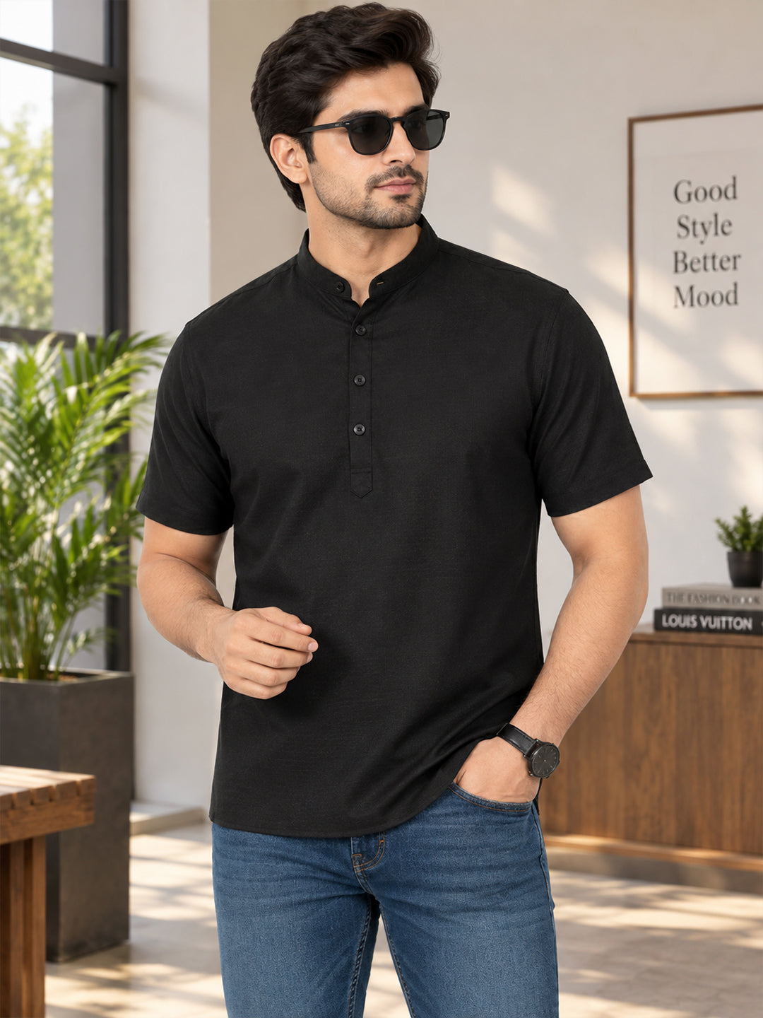 VORA LABEL Men’s Cotton Blend Mandarin Collar Half Kurta | Short Sleeve Solid Casual Wear