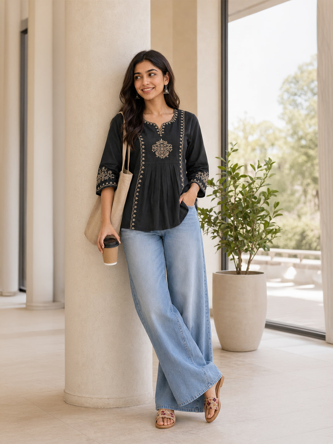 VORA LABEL Women Viscose Rayon Embroidered Regular Fit Peplum Top - Black