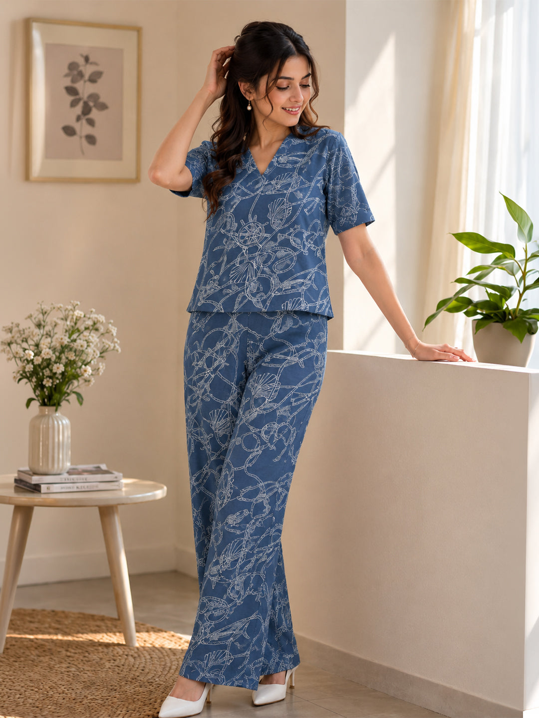 VORA LABEL Women Linen Printed Regular Fit Co-ord Set - Navy Blue