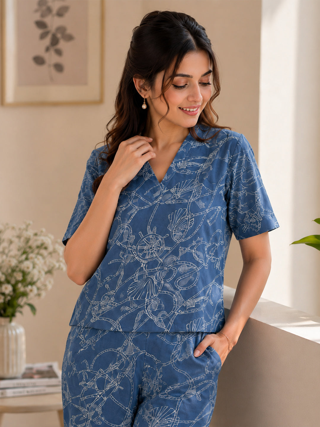 VORA LABEL Women Linen Printed Regular Fit Co-ord Set - Navy Blue
