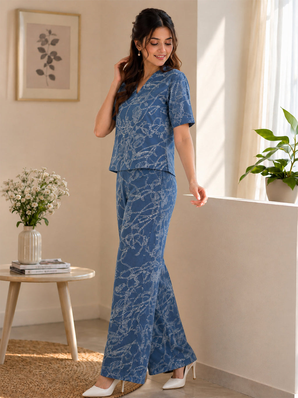 VORA LABEL Women Linen Printed Regular Fit Co-ord Set - Navy Blue