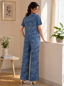 VORA LABEL Women Linen Printed Regular Fit Co-ord Set - Navy Blue