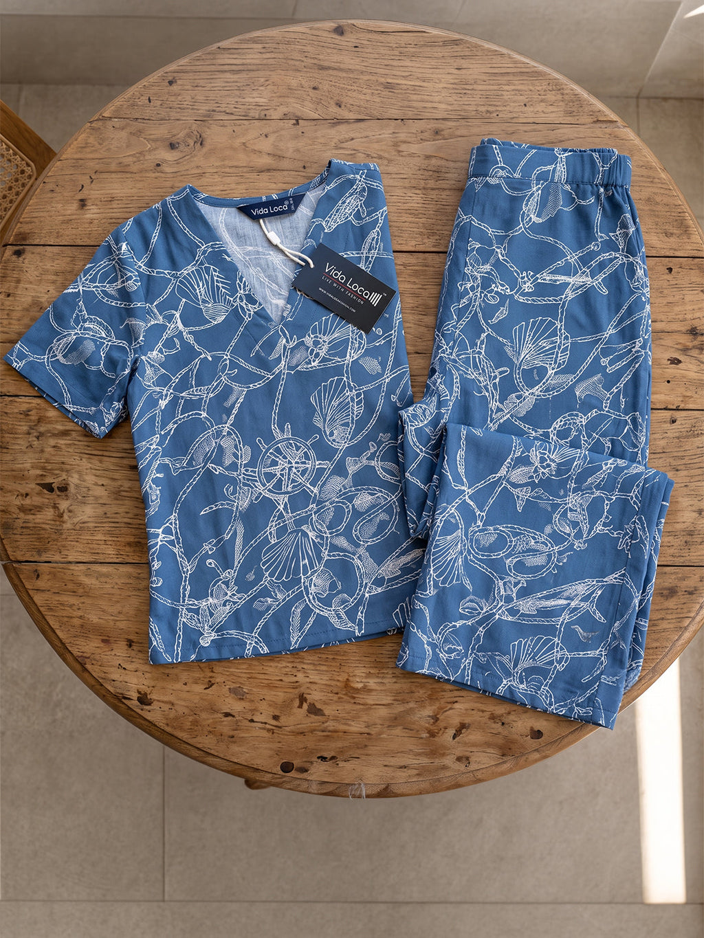VORA LABEL Women Linen Printed Regular Fit Co-ord Set - Navy Blue