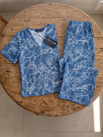 VORA LABEL Women Linen Printed Regular Fit Co-ord Set - Navy Blue