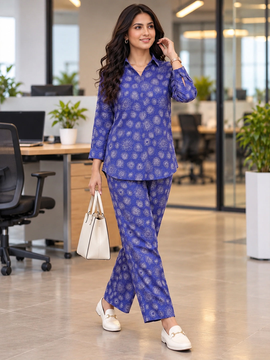VORA LABEL Women's Two Piece Set, Royal Blue, Shirts with Wide Leg Trousers, Full Sleeve Main image