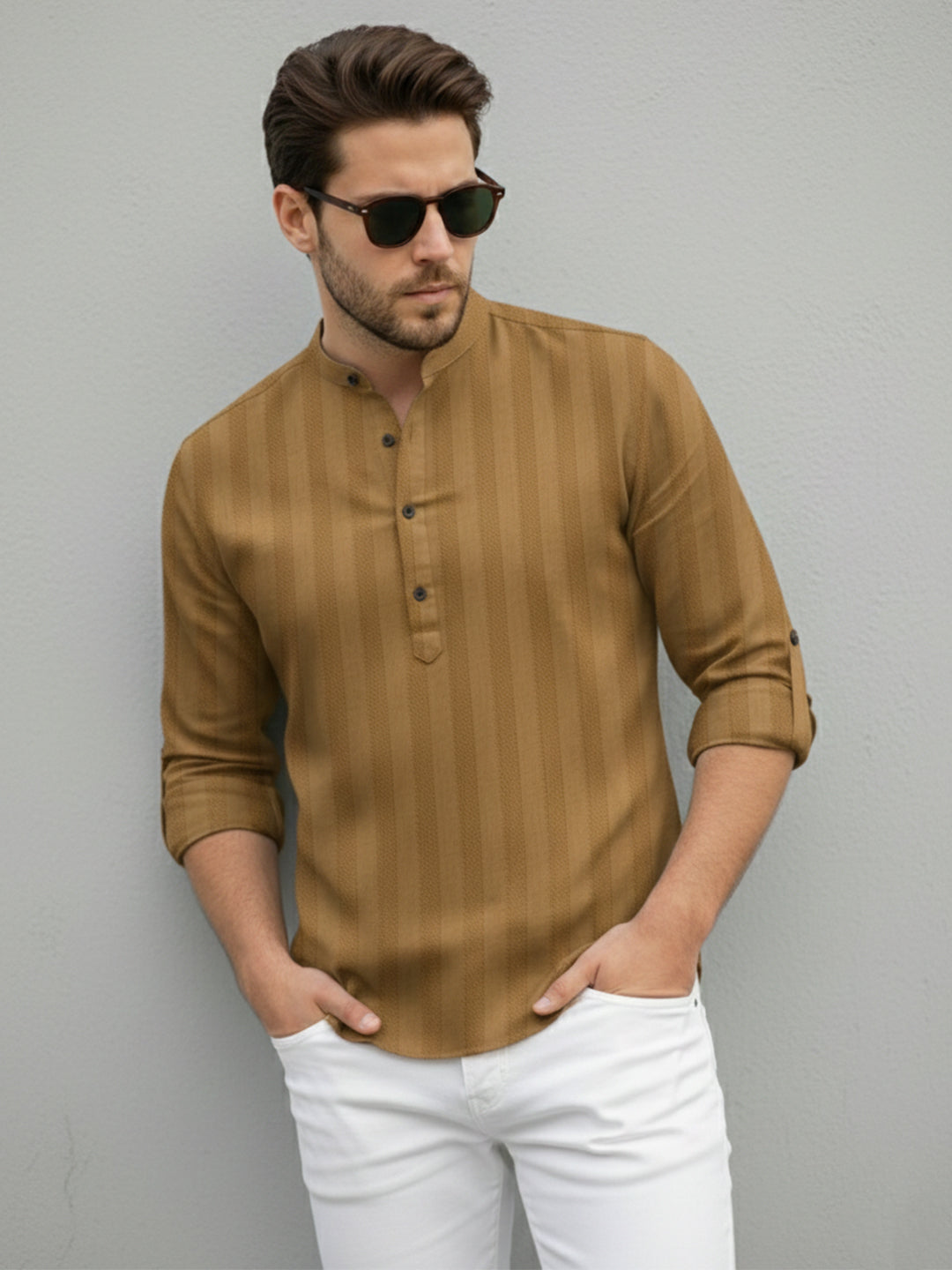 VORA LABEL Men Cotton Striped Relaxed Fit Short Kurta - Gold Secondary image