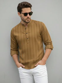 VORA LABEL Men Cotton Striped Relaxed Fit Short Kurta - Gold