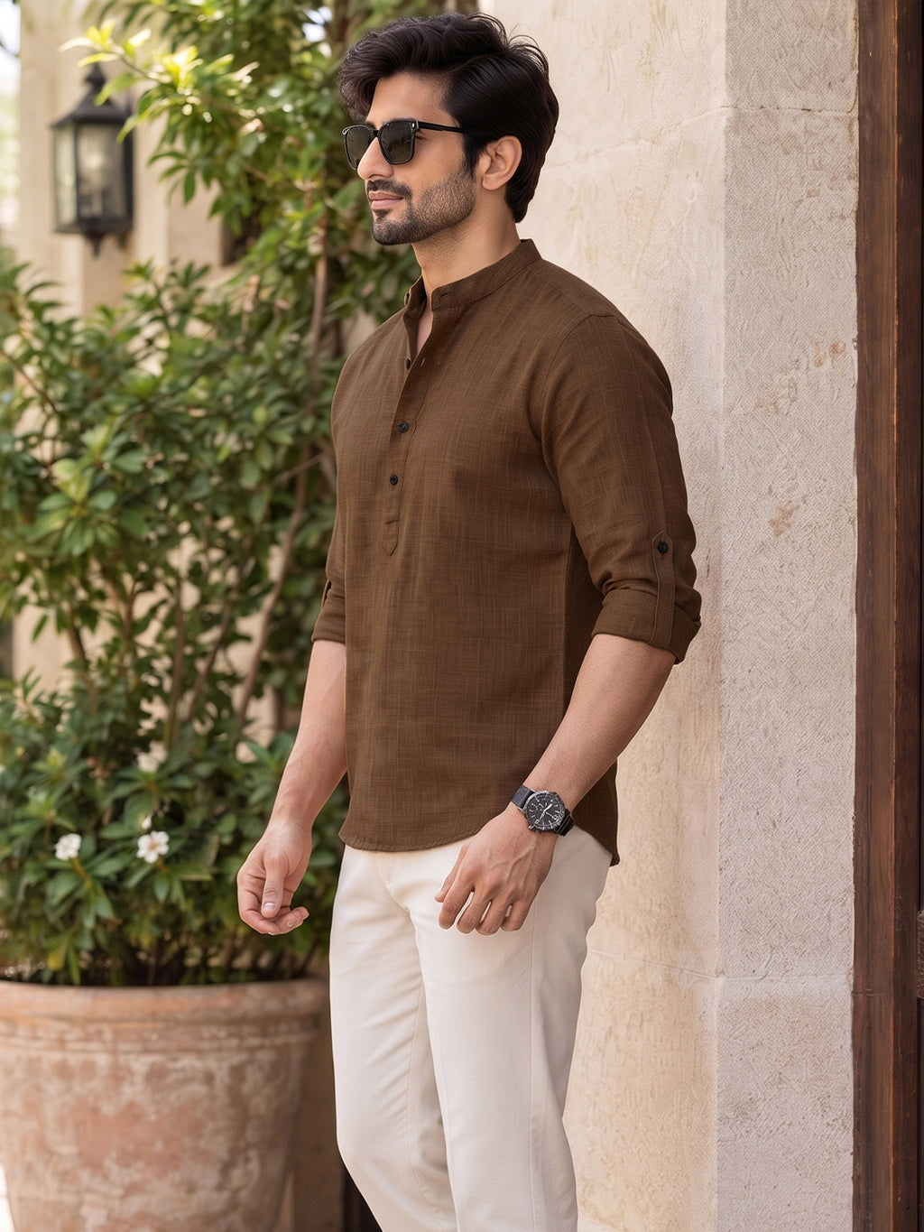 VORA LABEL Men’s Cotton Blend Solid Kurta | Mandarin Collar Full Sleeve Kurta | Casual & Festive Wear