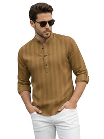 VORA LABEL Men Cotton Striped Relaxed Fit Short Kurta - Gold