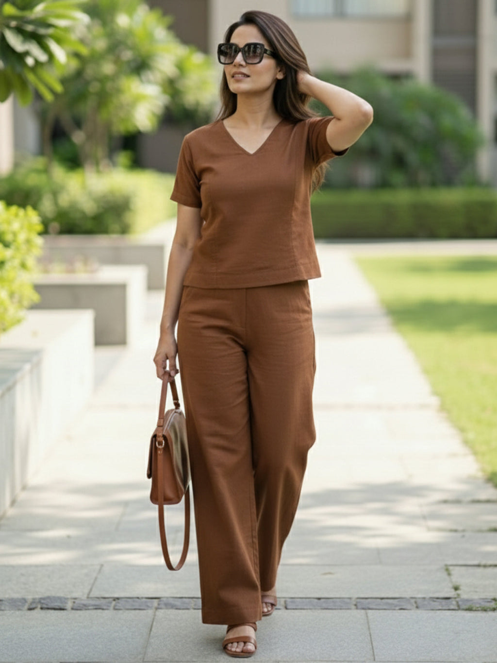 VORA LABEL Women Linen Solid Relaxed Fit Co-ord Set - Brown