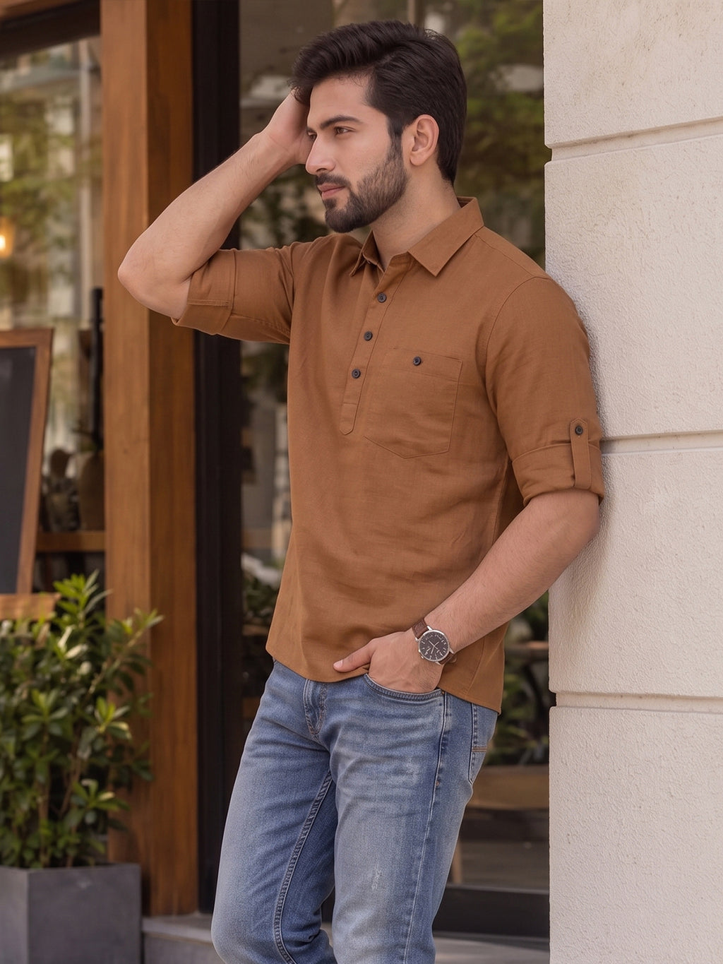 VORA LABEL Men’s Cotton Blend Solid Kurta | Mandarin Collar Full Sleeve Kurta with Pocket | Casual & Festive Wear