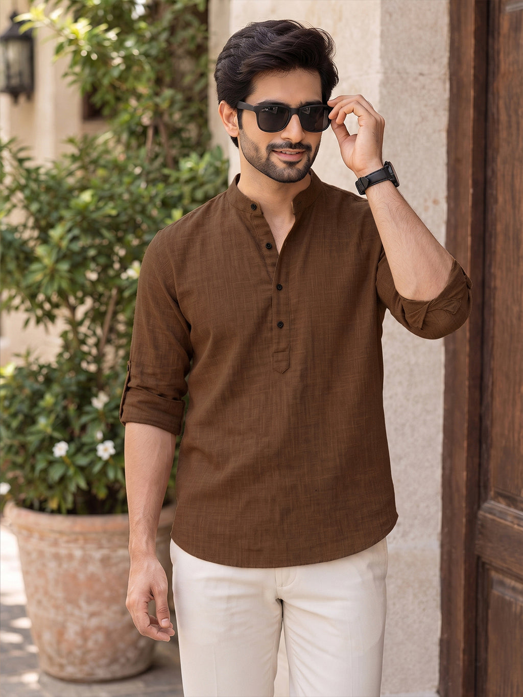 VORA LABEL Men’s Cotton Blend Solid Kurta | Mandarin Collar Full Sleeve Kurta | Casual & Festive Wear