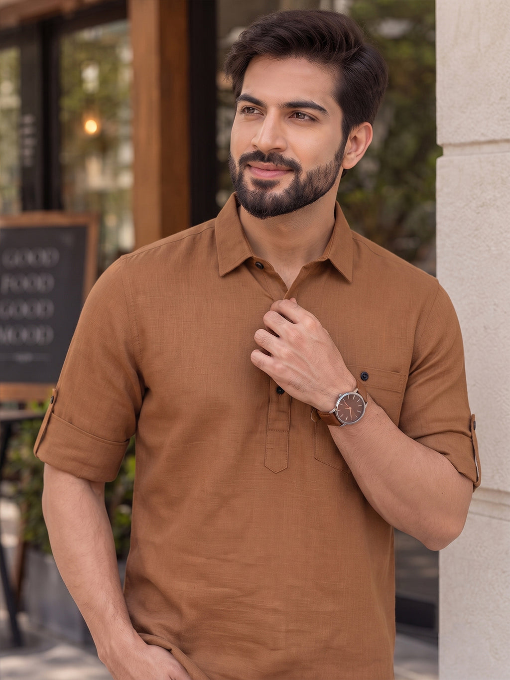 VORA LABEL Men’s Cotton Blend Solid Kurta | Mandarin Collar Full Sleeve Kurta with Pocket | Casual & Festive Wear