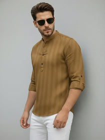 VORA LABEL Men Cotton Striped Relaxed Fit Short Kurta - Gold