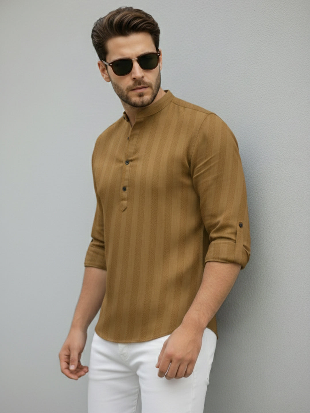 VORA LABEL Men Cotton Striped Relaxed Fit Short Kurta - Gold