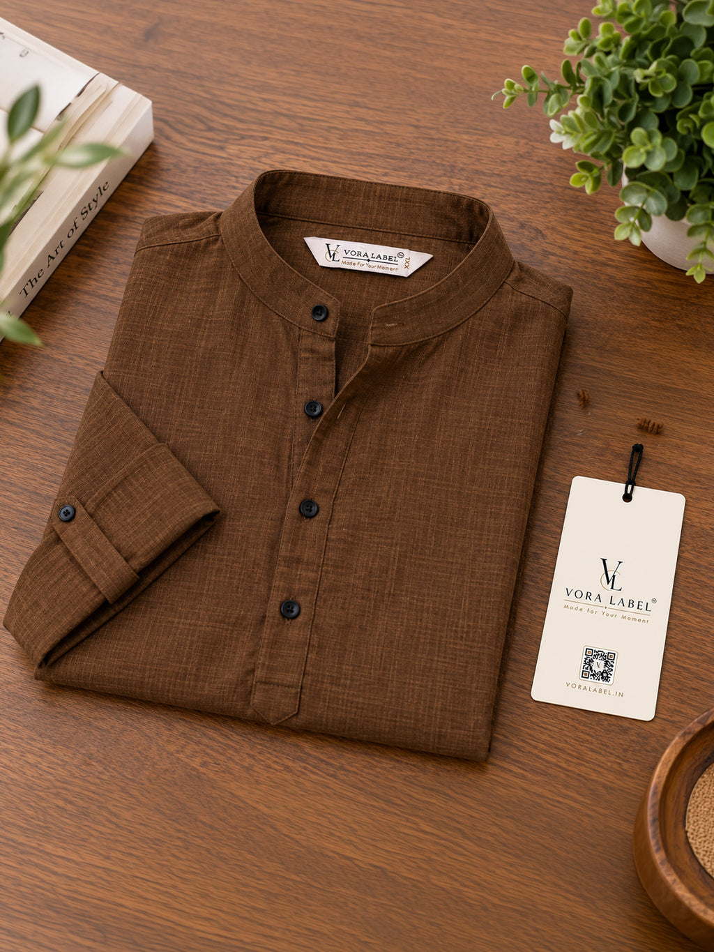 VORA LABEL Men’s Cotton Blend Solid Kurta | Mandarin Collar Full Sleeve Kurta | Casual & Festive Wear