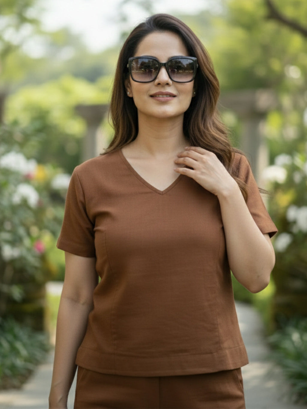VORA LABEL Women Linen Solid Relaxed Fit Co-ord Set - Brown