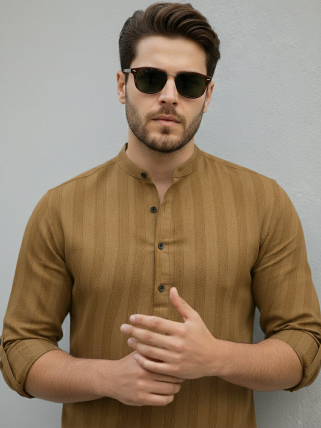 VORA LABEL Men Cotton Striped Relaxed Fit Short Kurta - Gold