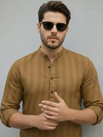 VORA LABEL Men Cotton Striped Relaxed Fit Short Kurta - Gold