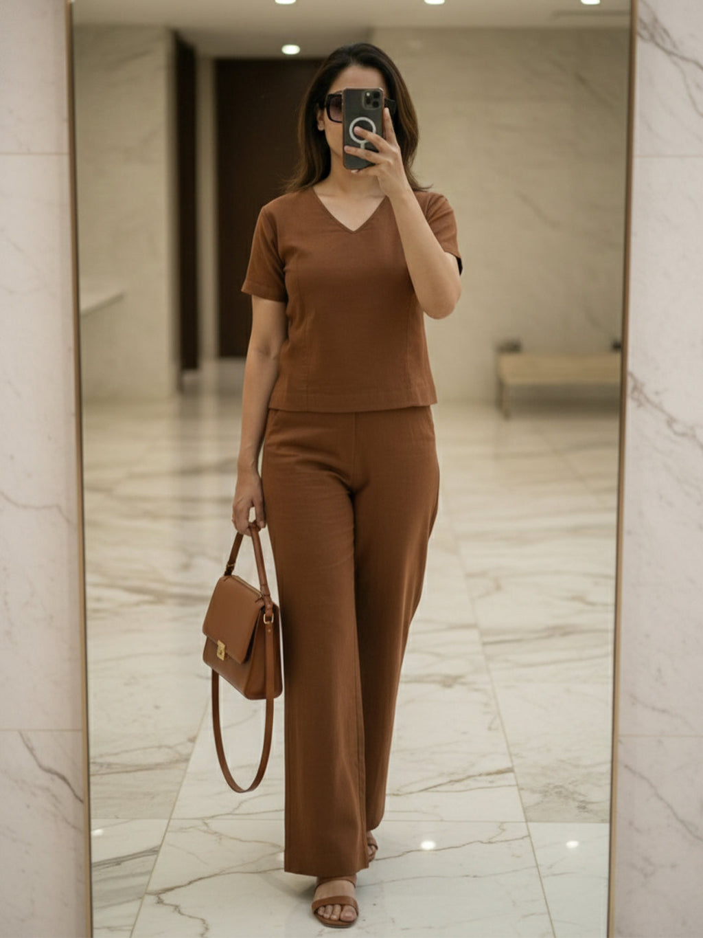 VORA LABEL Women Linen Solid Relaxed Fit Co-ord Set - Brown
