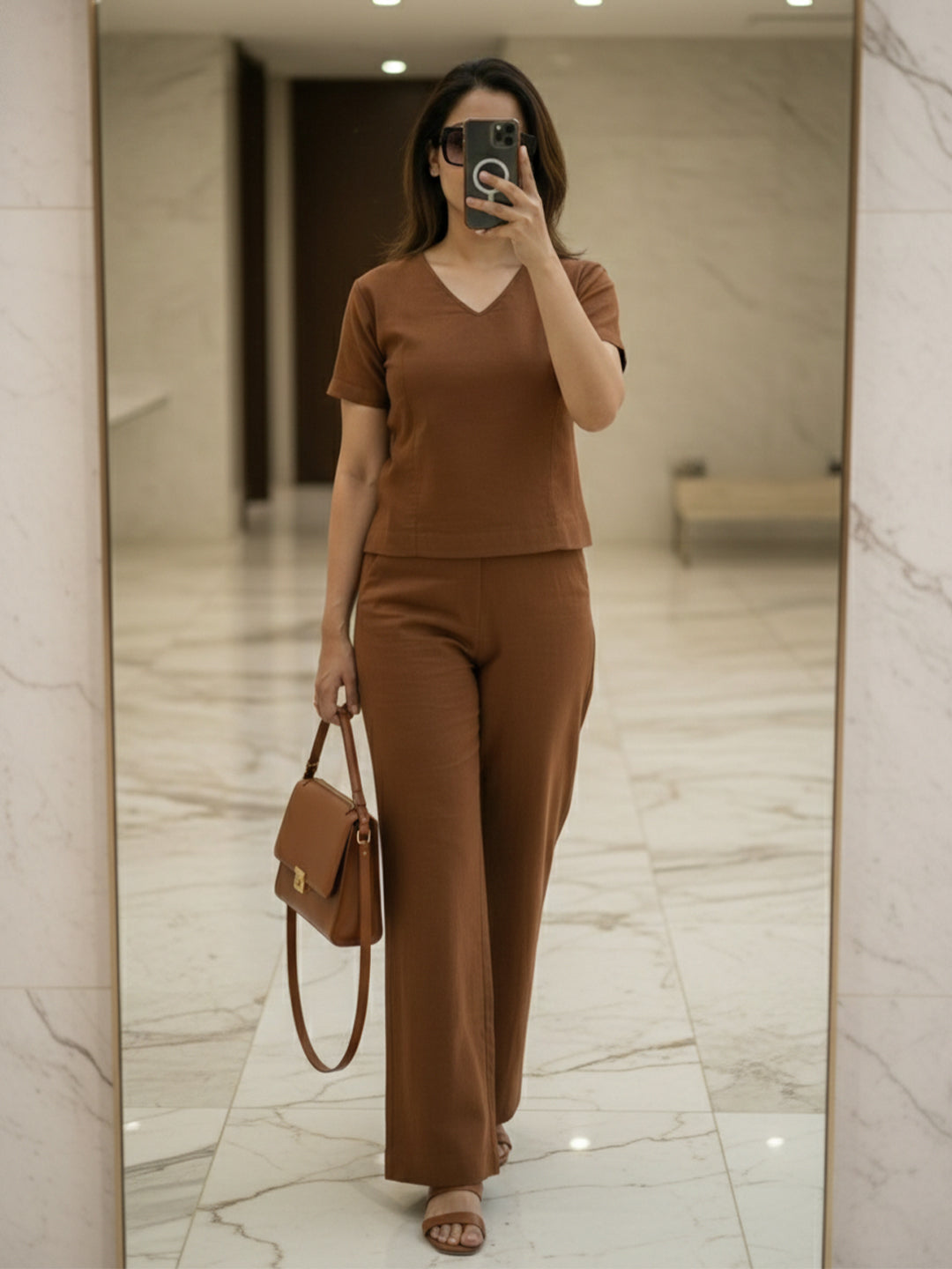 VORA LABEL Women Linen Solid Relaxed Fit Co-ord Set - Brown