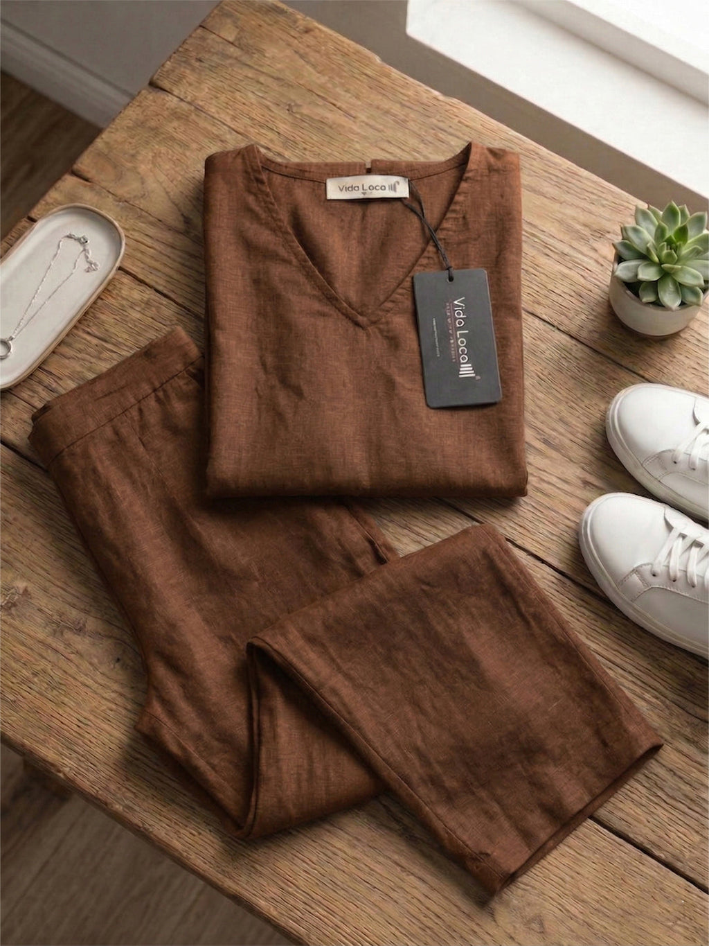 VORA LABEL Women Linen Solid Relaxed Fit Co-ord Set - Brown