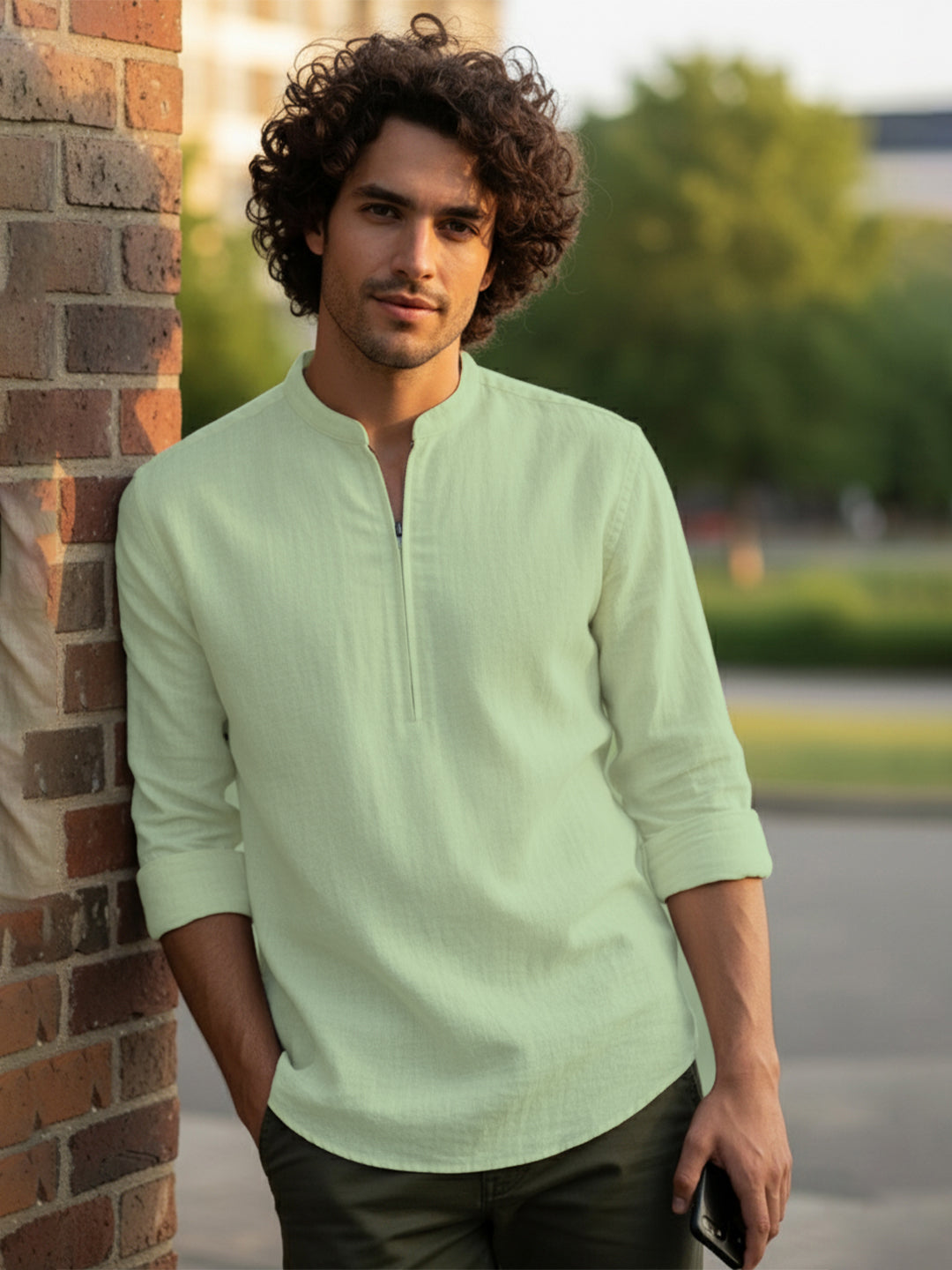 VORA LABEL Men Cotton Blend Striped Solid Short Kurta - Beige