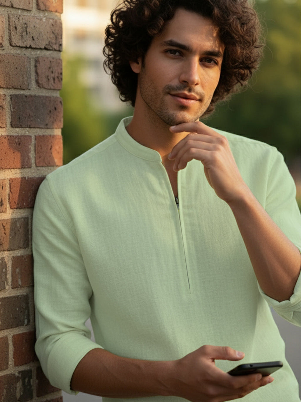 VORA LABEL Men Cotton Blend Striped Solid Short Kurta - Beige