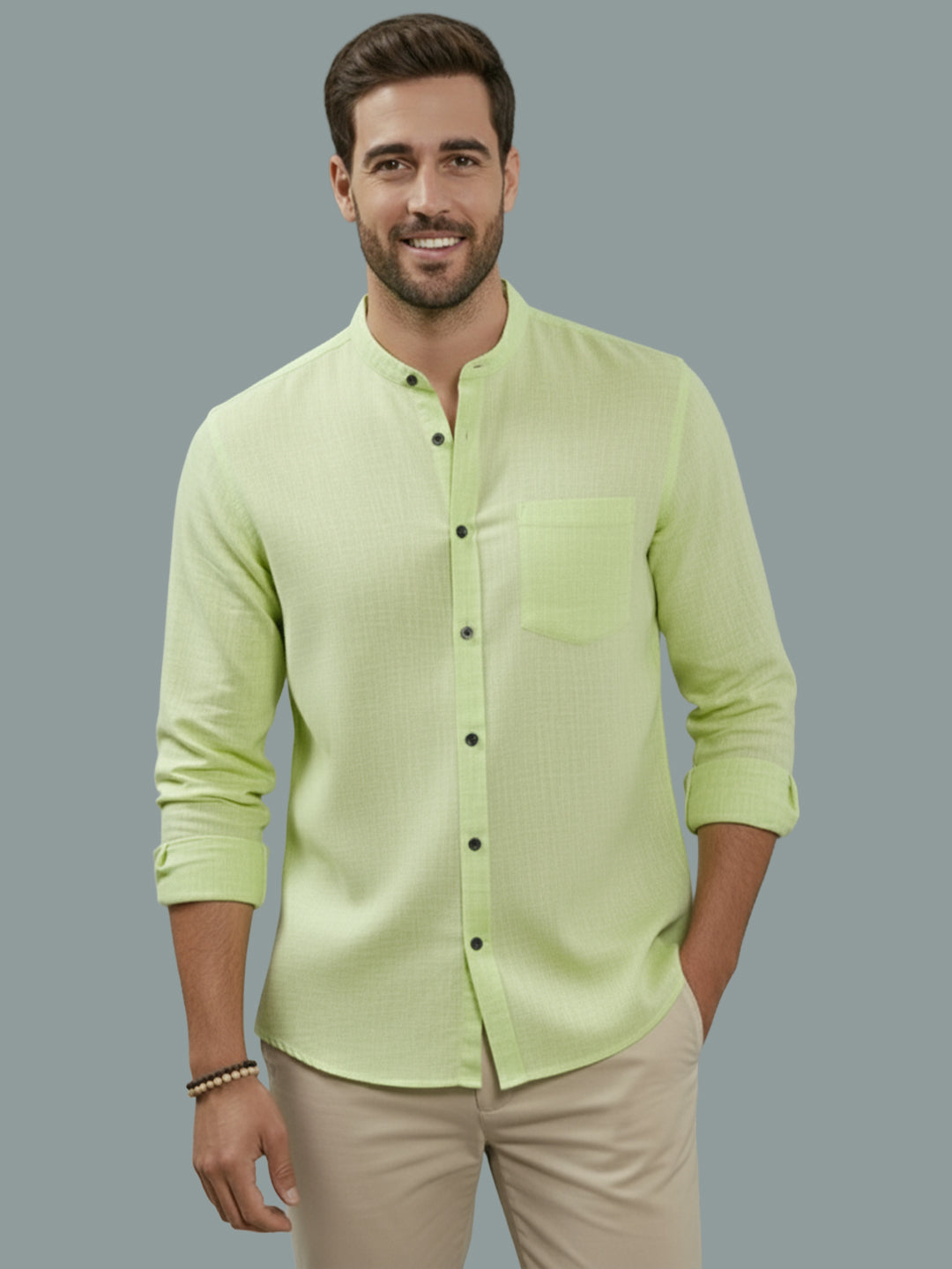 VORA LABEL Men Cotton Regular Fit Mandarin Collar Casual Shirt - Pink