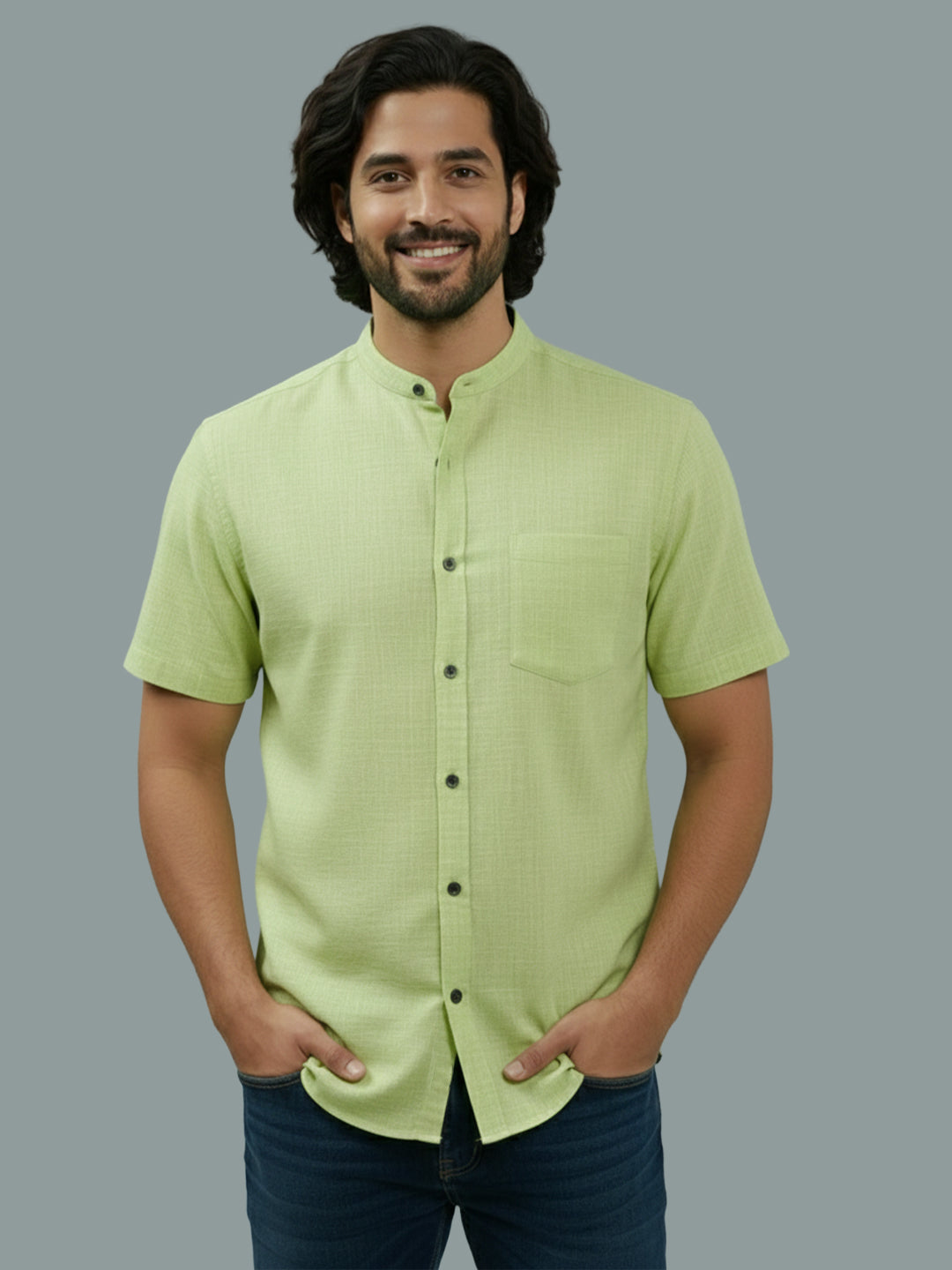 VORA LABEL Men Cotton Regular Fit Mandarin Collar Casual Shirt - White