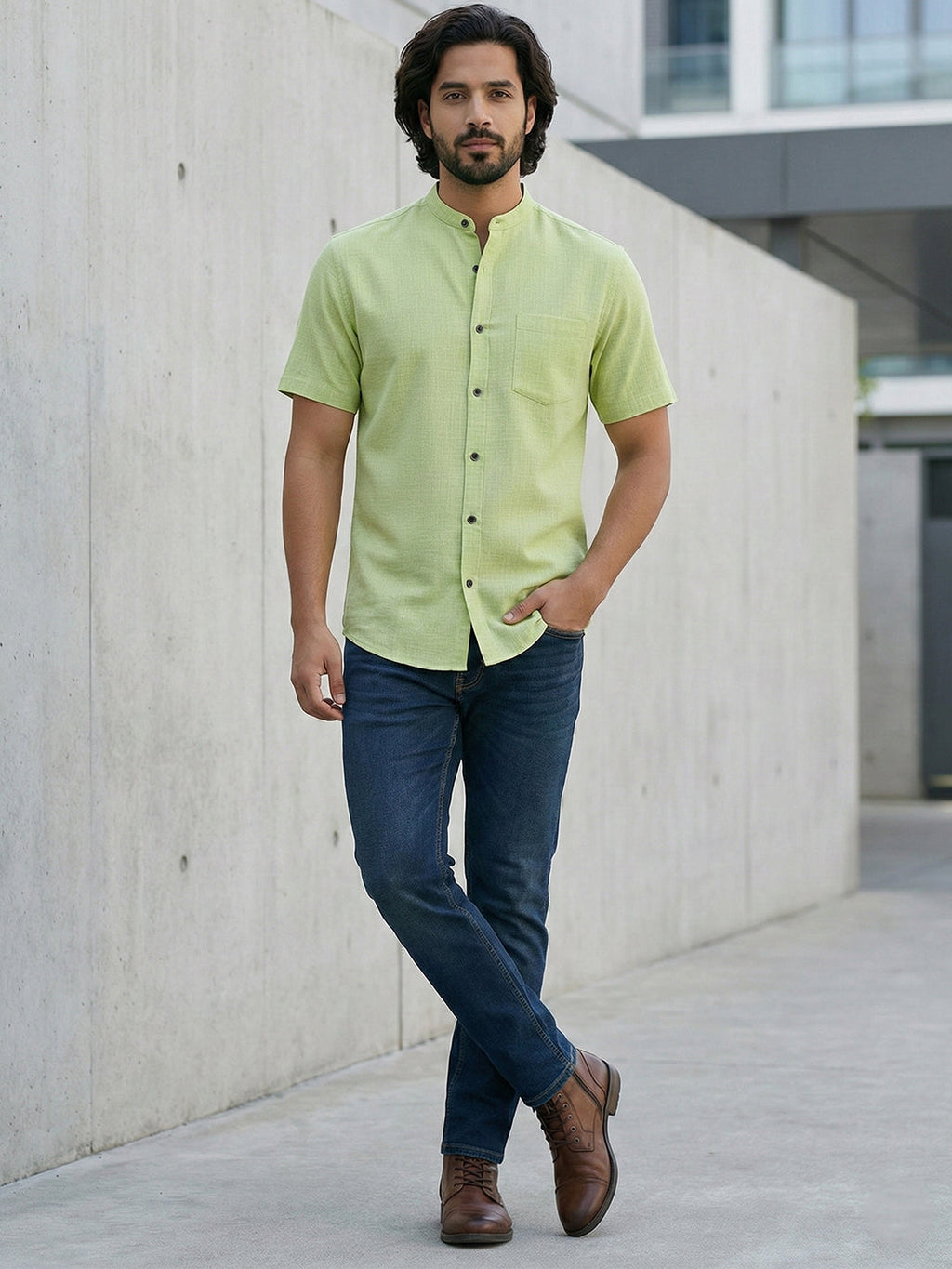 VORA LABEL Men Cotton Regular Fit Mandarin Collar Casual Shirt - White