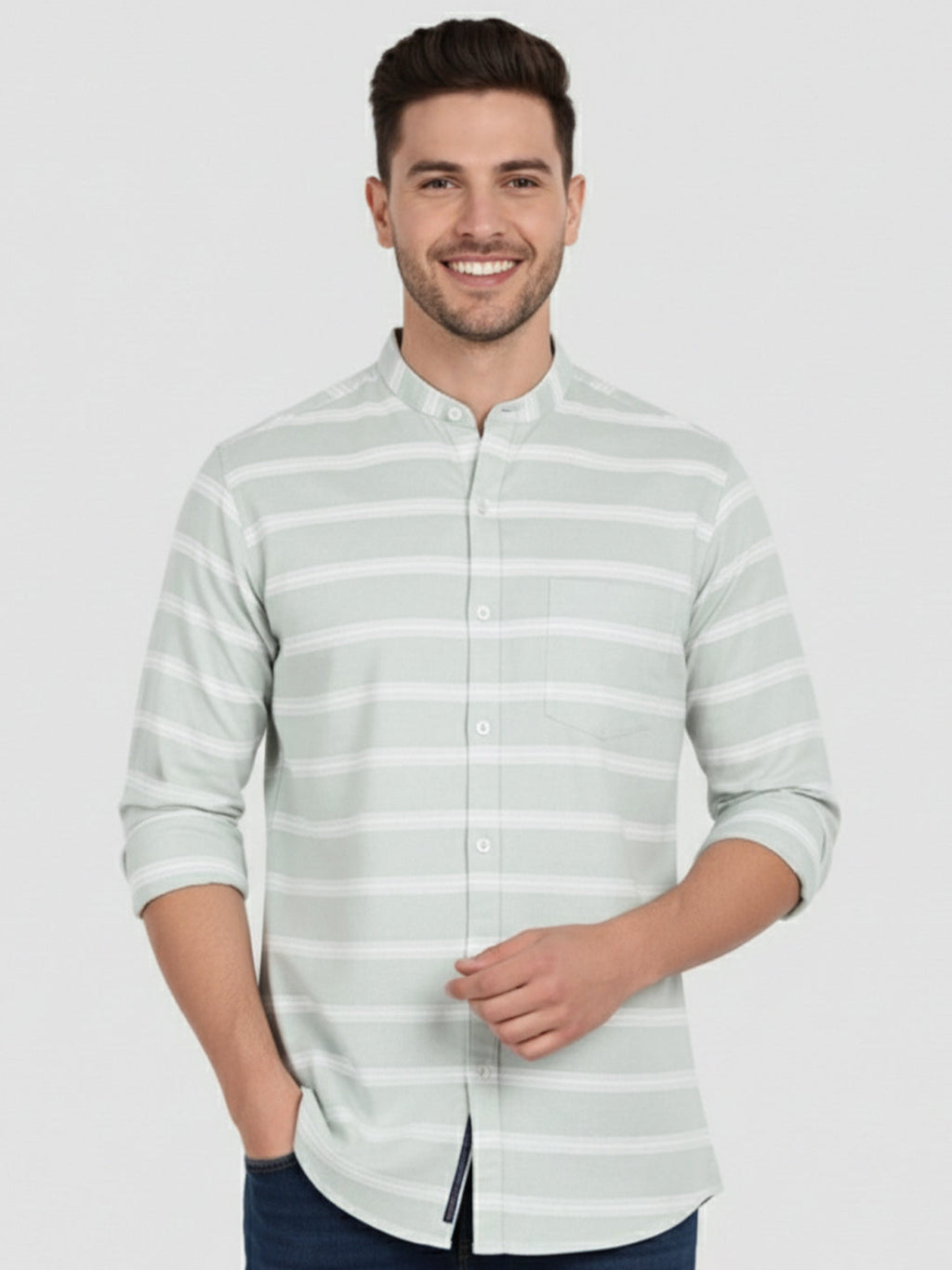 VORA LABEL Men Cotton Striped Spread Collar Short Kurta - White