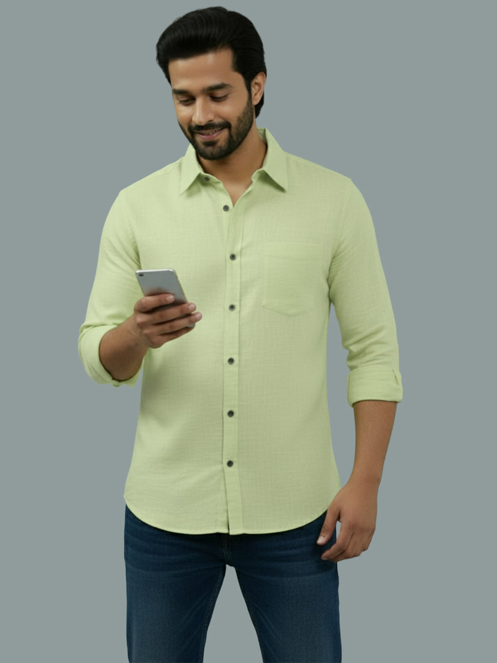 VORA LABEL Men Cotton Regular Fit Spread Collar Casual Shirt - Green