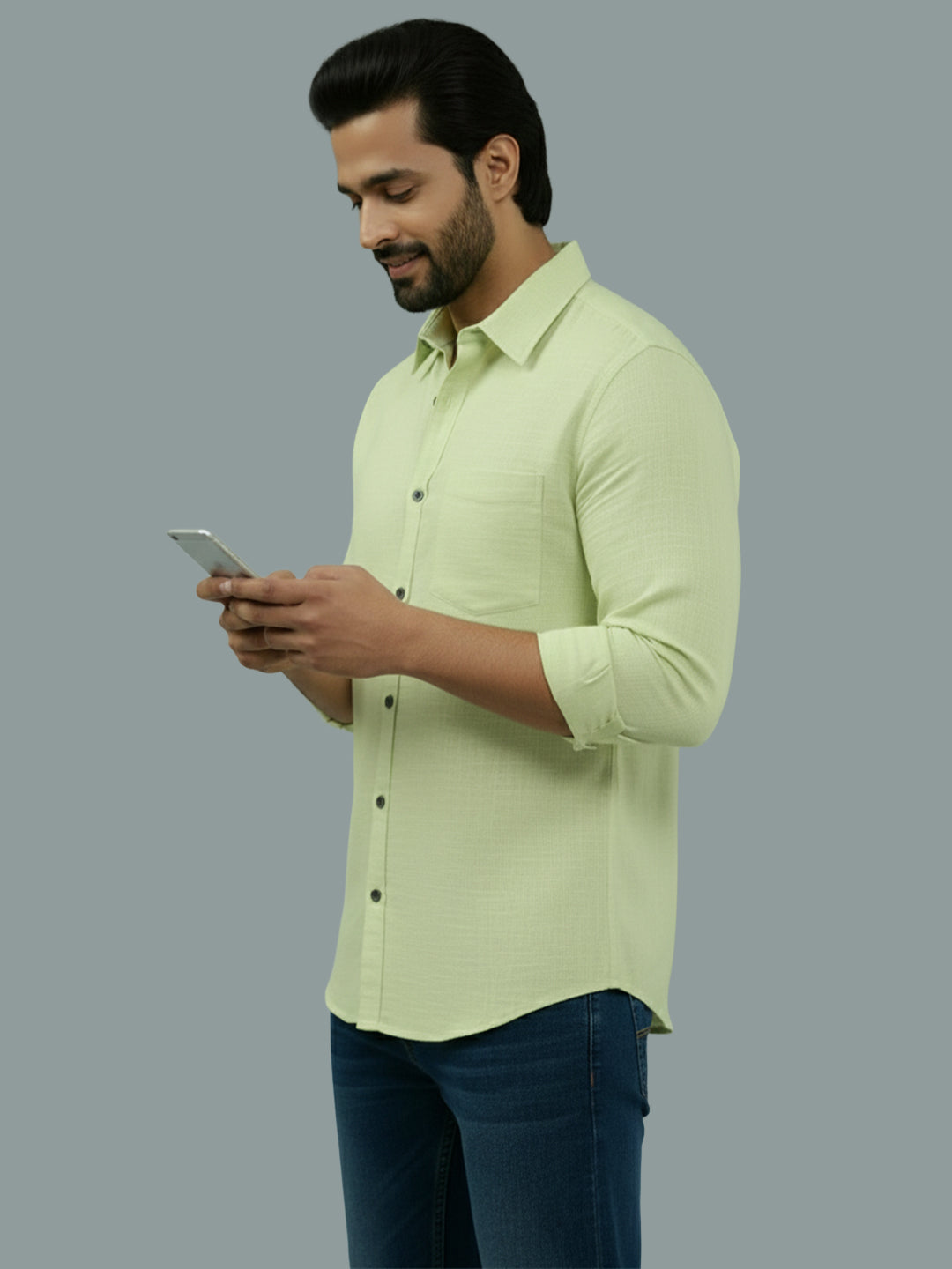 VORA LABEL Men Cotton Regular Fit Spread Collar Casual Shirt - Green