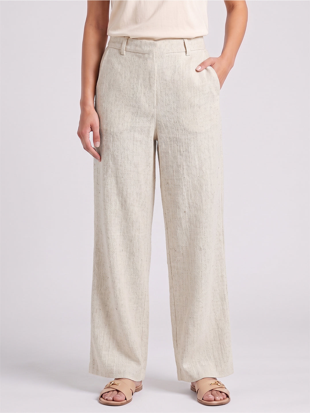 VORA LABEL Women Linen Solid Full Length Wide-Leg Trousers - Beige