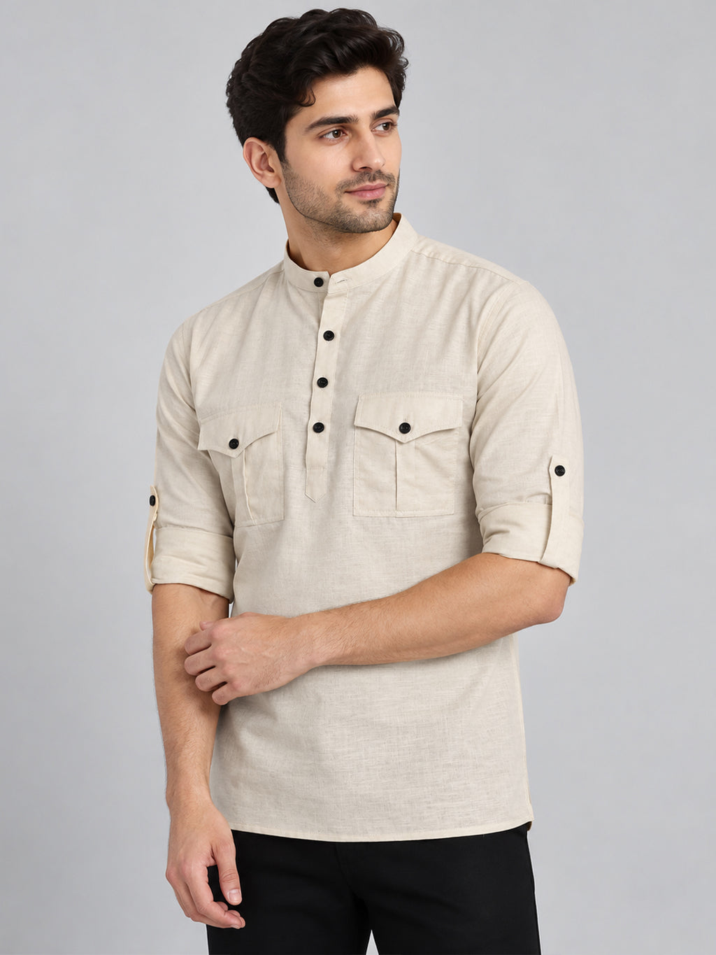 VORA LABEL Men’s Pure Cotton Solid Mandarin Collar Kurta | Full Sleeves with Roll-Up Tab | Casual & Smart Casual Wear